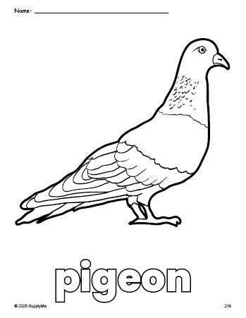 Free printable pigeon coloring page for preschool, pre-k, and kindergarten, PDF