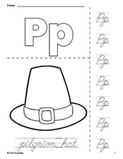 Free printable pilgrim hat Thanksgiving coloring page and cursive letter tracing worksheet, letter p worksheet for preschool, pre-k, and kindergarten, PDF