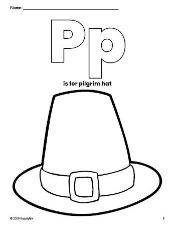 Free printable pilgrim hat Thanksgiving coloring page, letter p coloring page for preschool, pre-k, and kindergarten, PDF