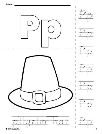 Free printable pilgrim hat Thanksgiving coloring page and letter tracing worksheet, letter p worksheet for preschool, pre-k, and kindergarten, PDF