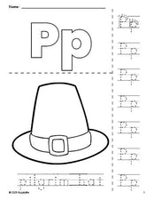 Free printable pilgrim hat Thanksgiving coloring page and letter tracing worksheet, letter p worksheet for preschool, pre-k, and kindergarten, PDF