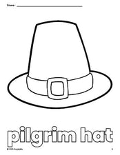 Free printable pilgrim hat Thanksgiving coloring page for preschool, pre-k, and kindergarten, PDF