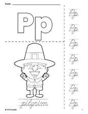 Free printable pilgrim Thanksgiving coloring page and cursive letter tracing worksheet, letter p worksheet for preschool, pre-k, and kindergarten, PDF