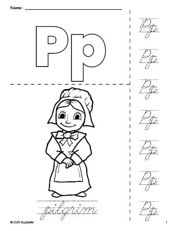 Free printable pilgrim Thanksgiving coloring page and cursive letter tracing worksheet, letter p worksheet for preschool, pre-k, and kindergarten, PDF