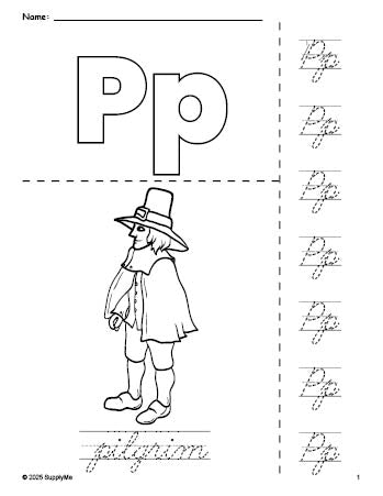 Free printable pilgrim Thanksgiving coloring page and cursive letter tracing worksheet, letter p worksheet for preschool, pre-k, and kindergarten, PDF