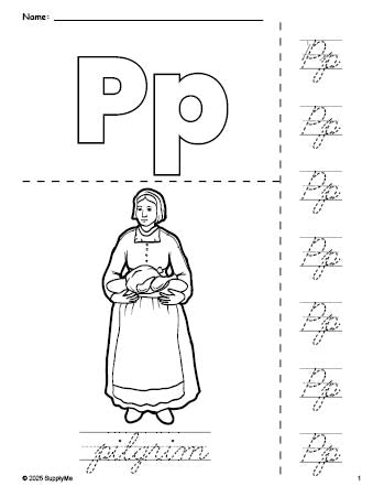 Free printable pilgrim Thanksgiving coloring page and cursive letter tracing worksheet, letter p worksheet for preschool, pre-k, and kindergarten, PDF