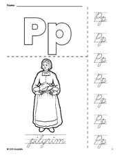 Free printable pilgrim Thanksgiving coloring page and cursive letter tracing worksheet, letter p worksheet for preschool, pre-k, and kindergarten, PDF