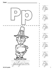 Free printable pilgrim Thanksgiving coloring page and cursive letter tracing worksheet, letter p worksheet for preschool, pre-k, and kindergarten, PDF