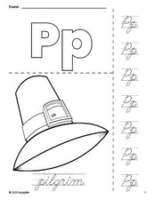 Free printable pilgrim Thanksgiving coloring page and cursive letter tracing worksheet, letter p worksheet for preschool, pre-k, and kindergarten, PDF