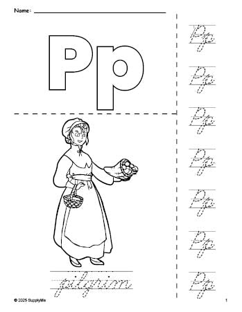 Free printable pilgrim Thanksgiving coloring page and cursive letter tracing worksheet, letter p worksheet for preschool, pre-k, and kindergarten, PDF