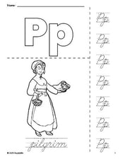 Free printable pilgrim Thanksgiving coloring page and cursive letter tracing worksheet, letter p worksheet for preschool, pre-k, and kindergarten, PDF