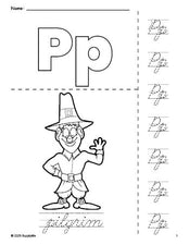 Free printable pilgrim Thanksgiving coloring page and cursive letter tracing worksheet, letter p worksheet for preschool, pre-k, and kindergarten, PDF