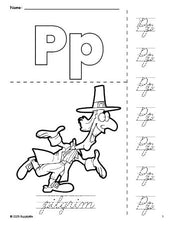 Free printable pilgrim Thanksgiving coloring page and cursive letter tracing worksheet, letter p worksheet for preschool, pre-k, and kindergarten, PDF