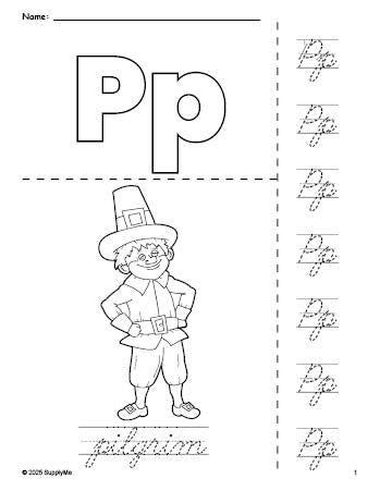 Free printable pilgrim Thanksgiving coloring page and cursive letter tracing worksheet, letter p worksheet for preschool, pre-k, and kindergarten, PDF