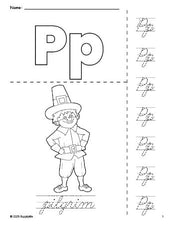 Free printable pilgrim Thanksgiving coloring page and cursive letter tracing worksheet, letter p worksheet for preschool, pre-k, and kindergarten, PDF