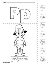 Free printable pilgrim Thanksgiving coloring page and cursive letter tracing worksheet, letter p worksheet for preschool, pre-k, and kindergarten, PDF