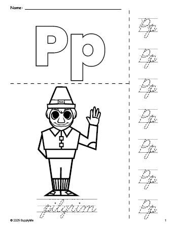 Free printable pilgrim Thanksgiving coloring page and cursive letter tracing worksheet, letter p worksheet for preschool, pre-k, and kindergarten, PDF