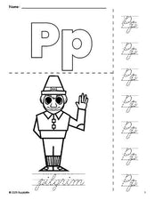 Free printable pilgrim Thanksgiving coloring page and cursive letter tracing worksheet, letter p worksheet for preschool, pre-k, and kindergarten, PDF