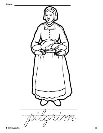 Free printable pilgrim Thanksgiving coloring page and cursive word tracing worksheet, perfect for preschool, pre-k, and kindergarten, PDF