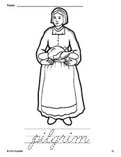 Free printable pilgrim Thanksgiving coloring page and cursive word tracing worksheet, perfect for preschool, pre-k, and kindergarten, PDF