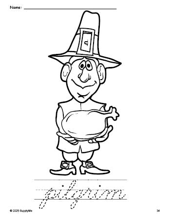 Free printable pilgrim Thanksgiving coloring page and cursive word tracing worksheet, perfect for preschool, pre-k, and kindergarten, PDF