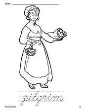 Free printable pilgrim Thanksgiving coloring page and cursive word tracing worksheet, perfect for preschool, pre-k, and kindergarten, PDF