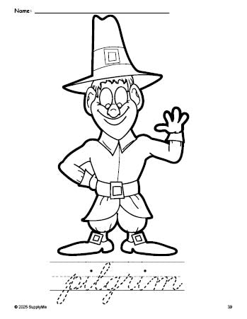 Free printable pilgrim Thanksgiving coloring page and cursive word tracing worksheet, perfect for preschool, pre-k, and kindergarten, PDF