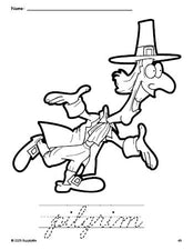 Free printable pilgrim Thanksgiving coloring page and cursive word tracing worksheet, perfect for preschool, pre-k, and kindergarten, PDF