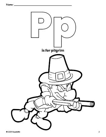 Free printable pilgrim Thanksgiving coloring page, letter p coloring page for preschool, pre-k, and kindergarten, PDF