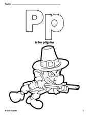 Free printable pilgrim Thanksgiving coloring page, letter p coloring page for preschool, pre-k, and kindergarten, PDF