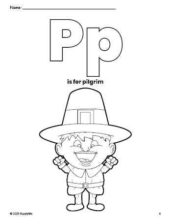 Free printable pilgrim Thanksgiving coloring page, letter p coloring page for preschool, pre-k, and kindergarten, PDF