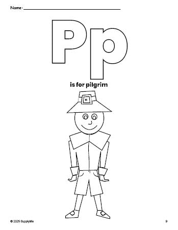 Free printable pilgrim Thanksgiving coloring page, letter p coloring page for preschool, pre-k, and kindergarten, PDF