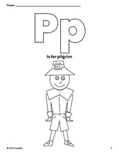 Free printable pilgrim Thanksgiving coloring page, letter p coloring page for preschool, pre-k, and kindergarten, PDF