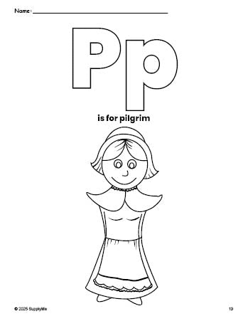 Free printable pilgrim Thanksgiving coloring page, letter p coloring page for preschool, pre-k, and kindergarten, PDF