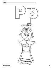 Free printable pilgrim Thanksgiving coloring page, letter p coloring page for preschool, pre-k, and kindergarten, PDF