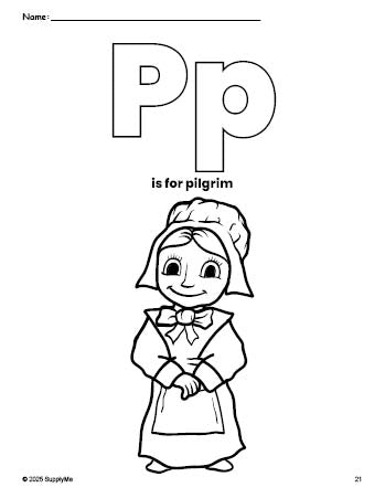 Free printable pilgrim Thanksgiving coloring page, letter p coloring page for preschool, pre-k, and kindergarten, PDF