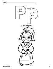 Free printable pilgrim Thanksgiving coloring page, letter p coloring page for preschool, pre-k, and kindergarten, PDF