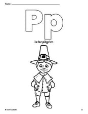 Free printable pilgrim Thanksgiving coloring page, letter p coloring page for preschool, pre-k, and kindergarten, PDF