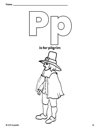 Free printable pilgrim Thanksgiving coloring page, letter p coloring page for preschool, pre-k, and kindergarten, PDF