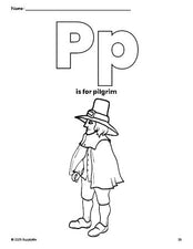 Free printable pilgrim Thanksgiving coloring page, letter p coloring page for preschool, pre-k, and kindergarten, PDF