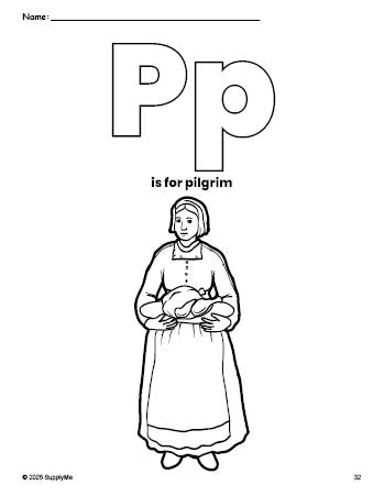 Free printable pilgrim Thanksgiving coloring page, letter p coloring page for preschool, pre-k, and kindergarten, PDF