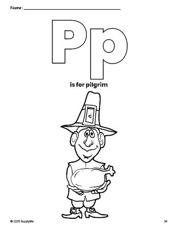 Free printable pilgrim Thanksgiving coloring page, letter p coloring page for preschool, pre-k, and kindergarten, PDF