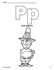 Free printable pilgrim Thanksgiving coloring page, letter p coloring page for preschool, pre-k, and kindergarten, PDF