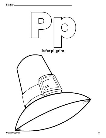 Free printable pilgrim Thanksgiving coloring page, letter p coloring page for preschool, pre-k, and kindergarten, PDF