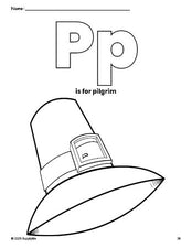 Free printable pilgrim Thanksgiving coloring page, letter p coloring page for preschool, pre-k, and kindergarten, PDF