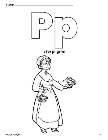 Free printable pilgrim Thanksgiving coloring page, letter p coloring page for preschool, pre-k, and kindergarten, PDF