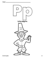 Free printable pilgrim Thanksgiving coloring page, letter p coloring page for preschool, pre-k, and kindergarten, PDF