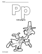 Free printable pilgrim Thanksgiving coloring page, letter p coloring page for preschool, pre-k, and kindergarten, PDF