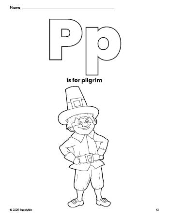 Free printable pilgrim Thanksgiving coloring page, letter p coloring page for preschool, pre-k, and kindergarten, PDF