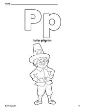 Free printable pilgrim Thanksgiving coloring page, letter p coloring page for preschool, pre-k, and kindergarten, PDF